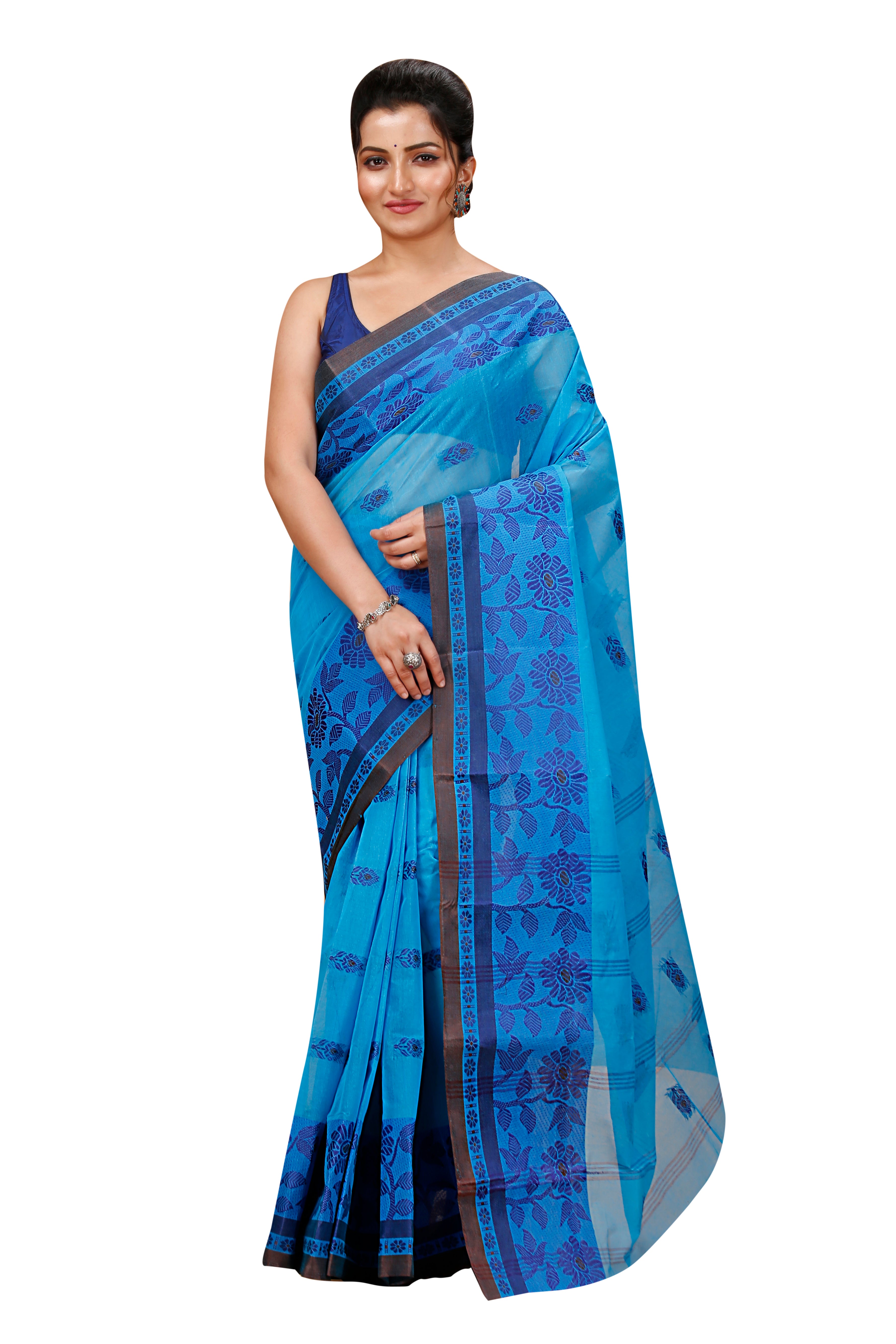 Sky Blue Pure Cotton Tant Saree with Woven Designs