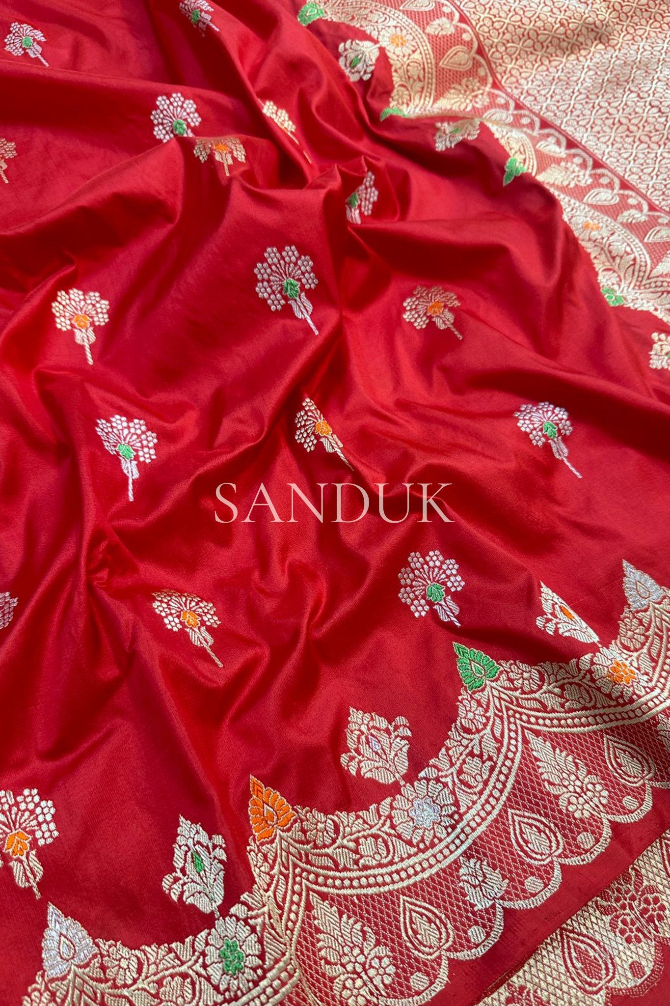 Flower motif Red Katan Silk Saree