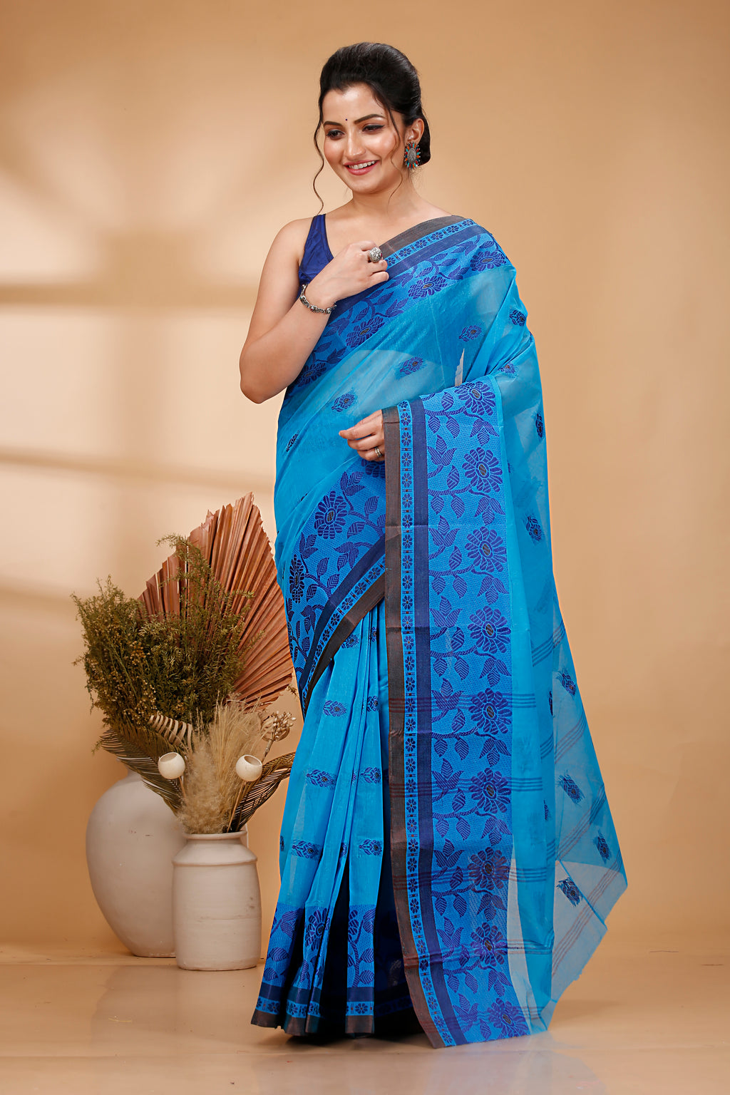 Sky Blue Pure Cotton Tant Saree with Woven Designs