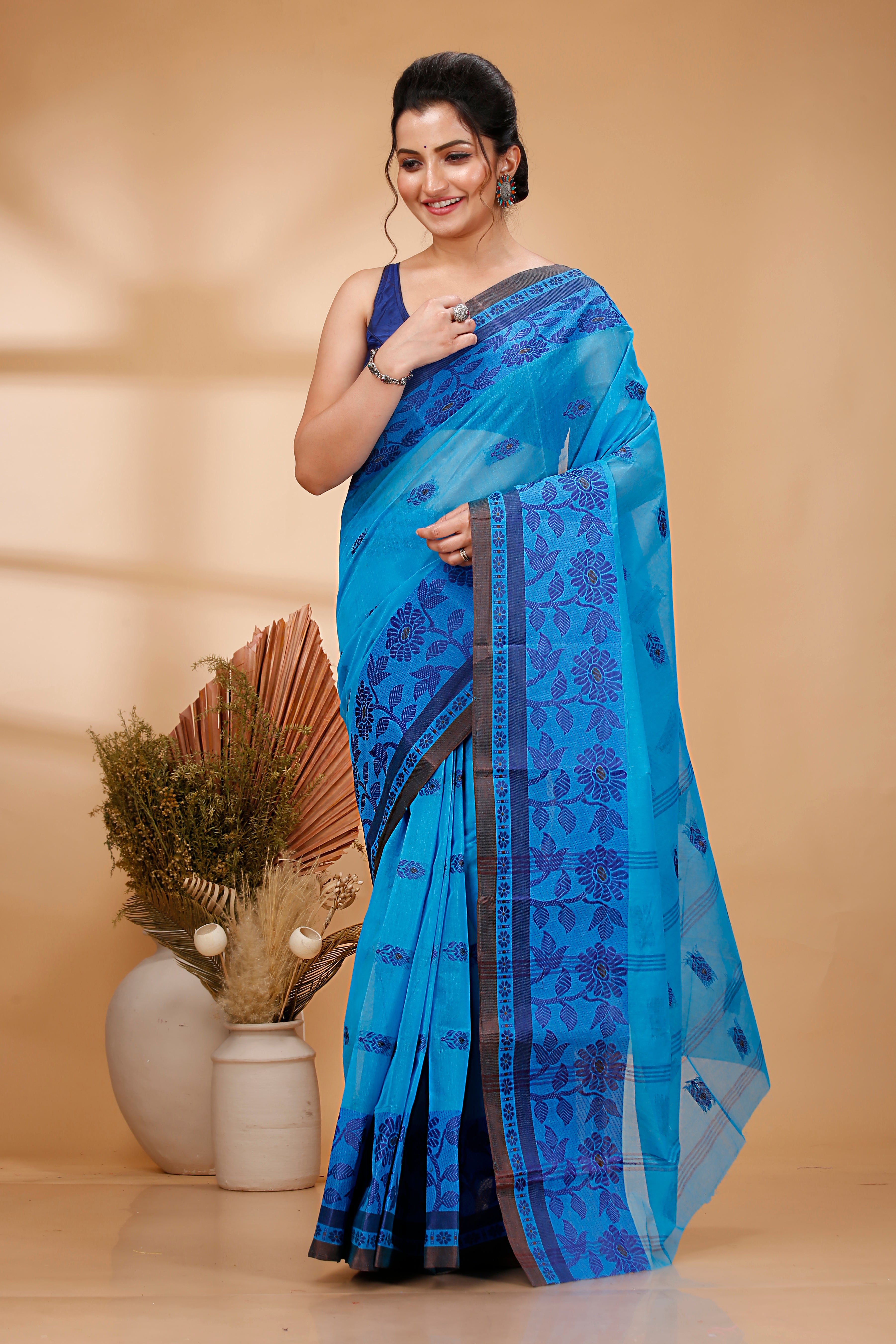 Sky Blue Pure Cotton Tant Saree with Woven Designs