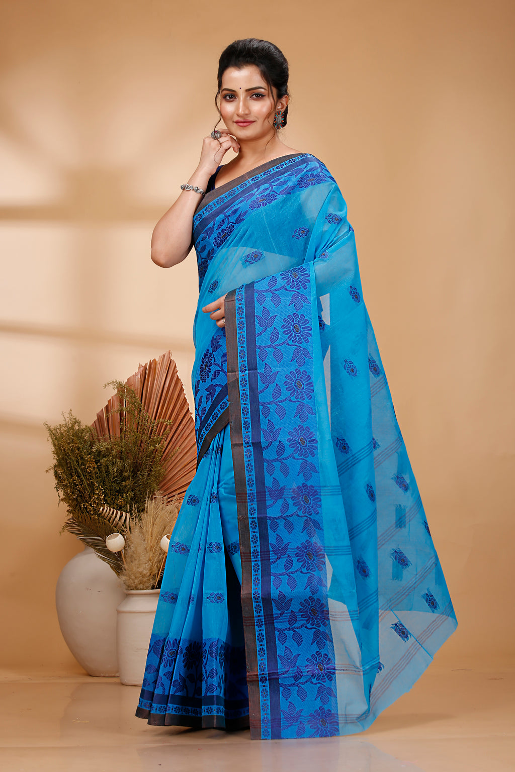Sky Blue Pure Cotton Tant Saree with Woven Designs