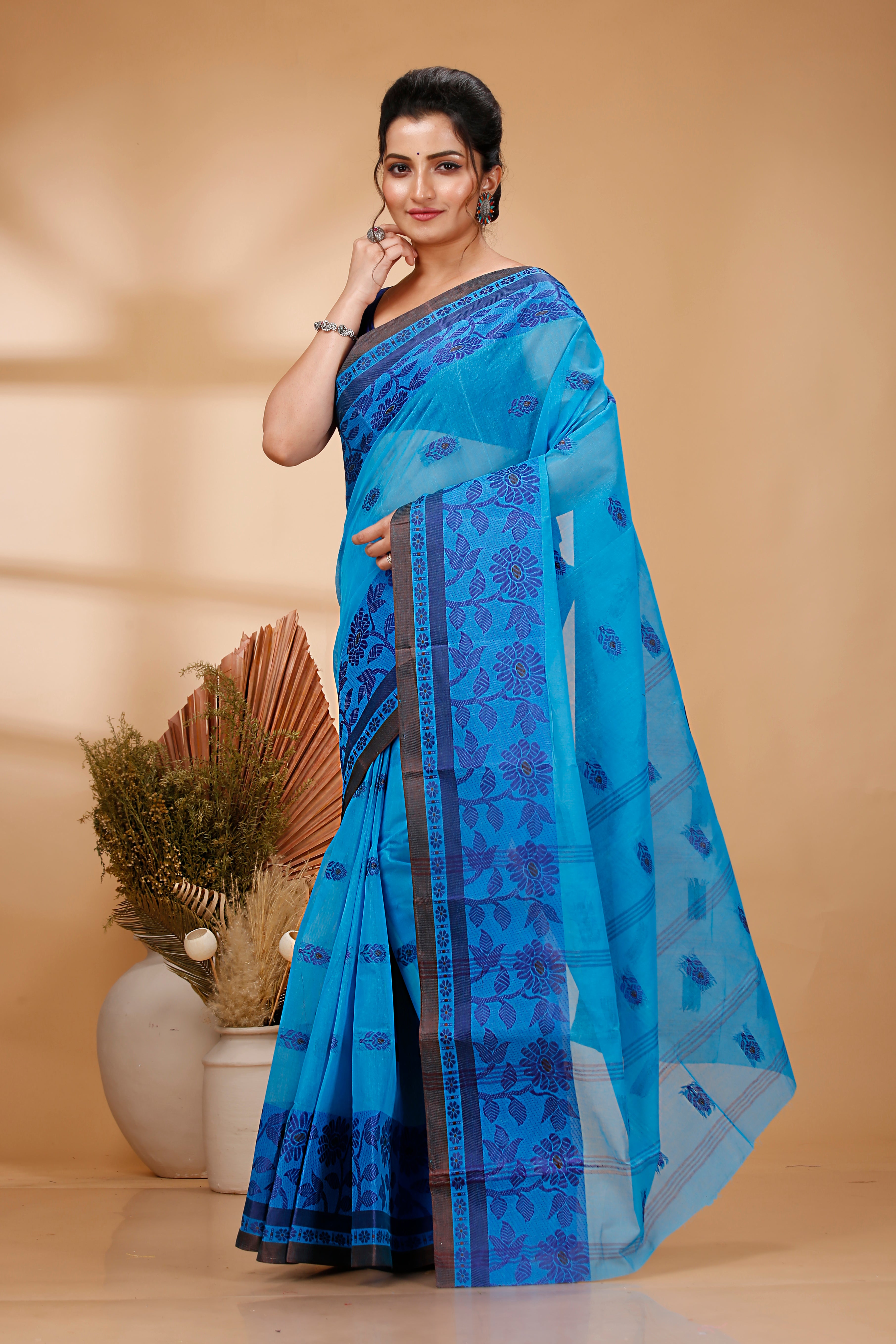 Sky Blue Pure Cotton Tant Saree with Woven Designs