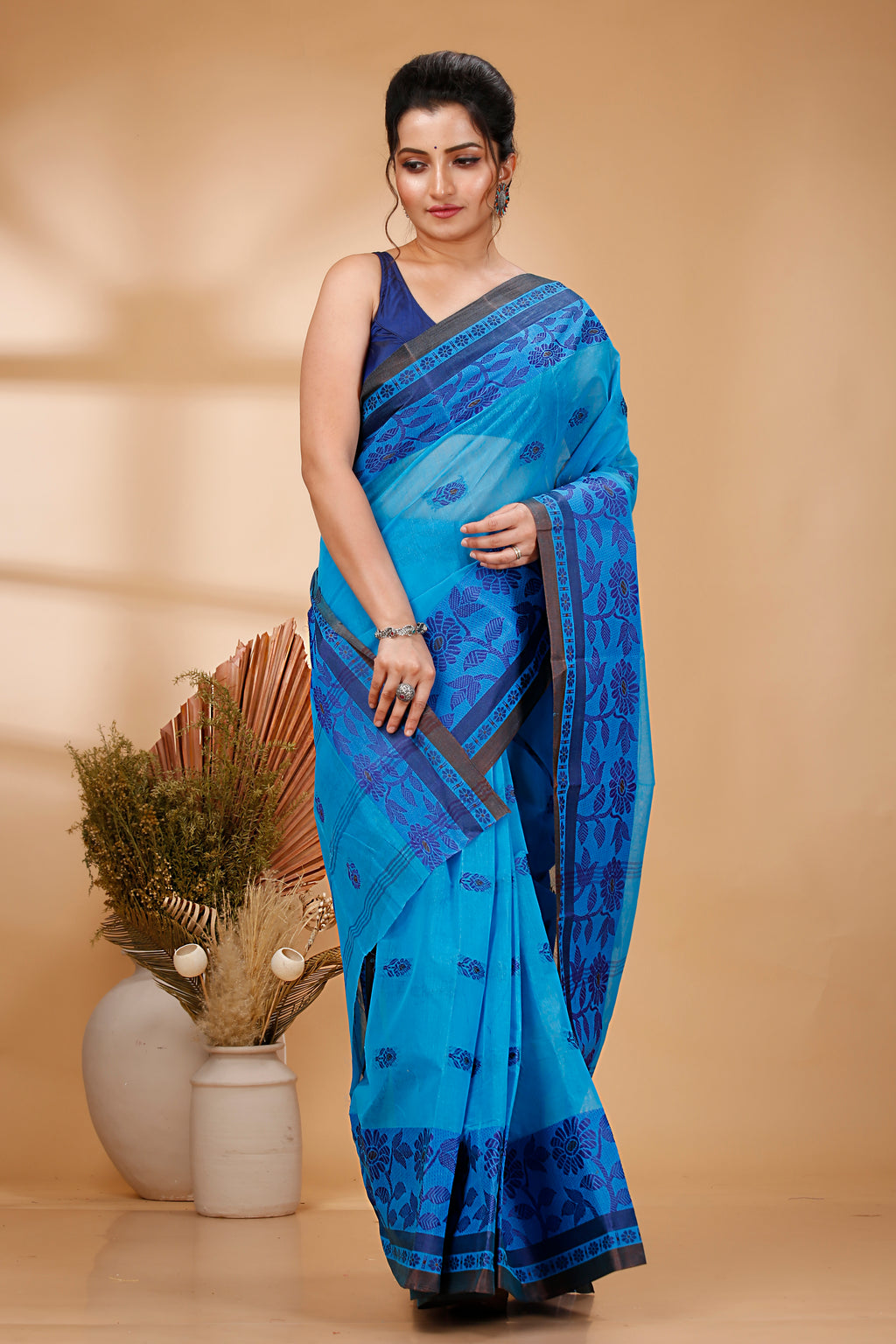 Sky Blue Pure Cotton Tant Saree with Woven Designs