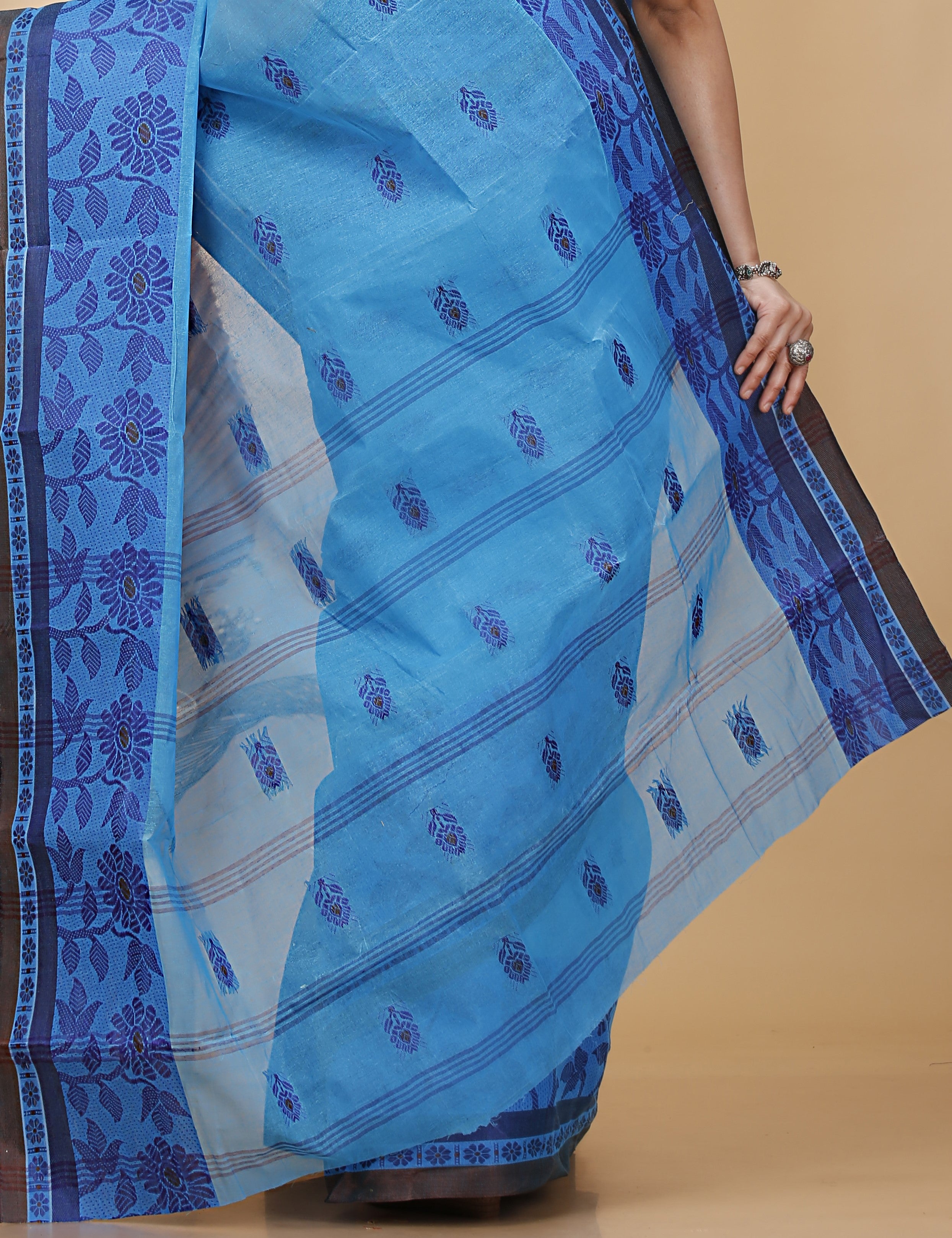 Sky Blue Pure Cotton Tant Saree with Woven Designs