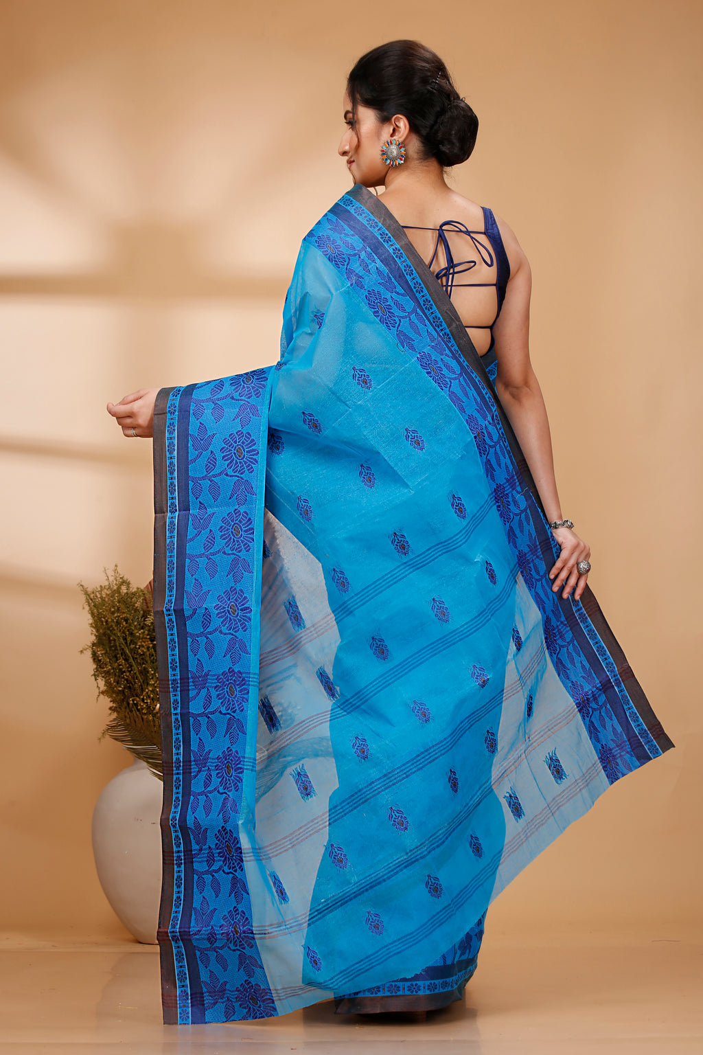 Sky Blue Pure Cotton Tant Saree with Woven Designs